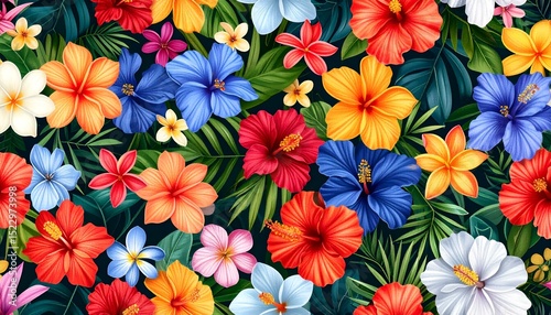 Vibrant tropical hibiscus and plumeria flowers on lush green leaves. Perfect for summer designs, fabrics, and backgrounds.