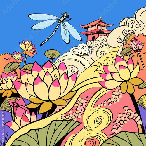 Colorful illustration of a dragonfly over a serene landscape with lotus flowers and pagoda for nature and tranquility design