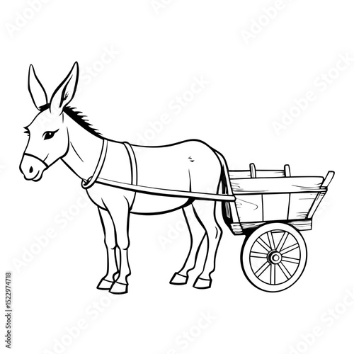 Donkey pulling cart illustration in outline style for coloring book design