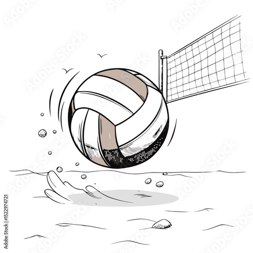 Beach volleyball game illustration with ball in motion near the net in sketch style