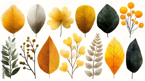 Colorful autumn leaves illustrated in various shapes and patterns.
