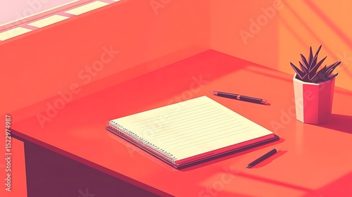 A spiral-bound notebook sits on a coral-colored surface with writing implements and a succulent plant.