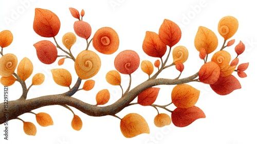 Artistic branch design with abstract leaves in warm colors.