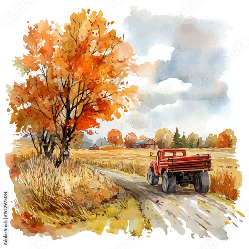 watercolor of Autumn Hayride Through Fields, vector high quality, isolated on a white background.