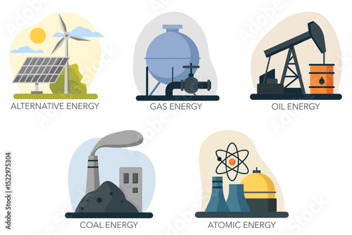 Power sources - alternative, gas, oil, coal and atomic energy. Vector illustrations.