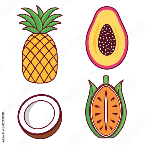 "Tropical Fruit Set – Pineapple, Mango, Coconut & Exotic Summer Fruits Vector Collection"