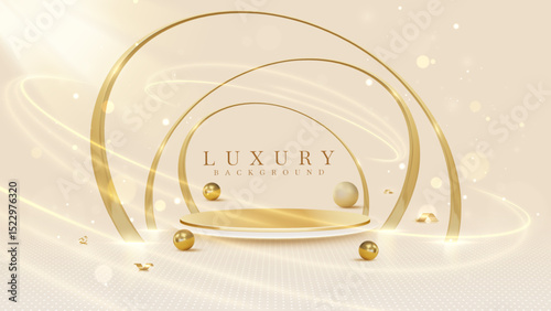 Empty elegant podium golden on cream color background with light neon effects and glow bokeh with gold ball decorations. Luxury scene design concept.