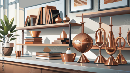 Bronze accent pieces sit neatly on the side shelf. Their muted metallic glow brings grounded warmth, contrast, art, elegance, and subtle depth to the modern white living room.

