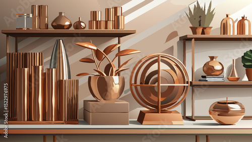 Bronze accent pieces sit neatly on the side shelf. Their muted metallic glow brings grounded warmth, contrast, art, elegance, and subtle depth to the modern white living room.

