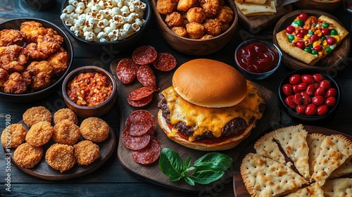 Variety of fast food on dark wooden table