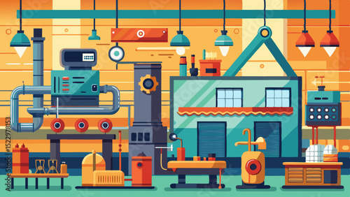 Modern Industrial Workshop Interior with Machines and Tools – Vector Factory Illustration