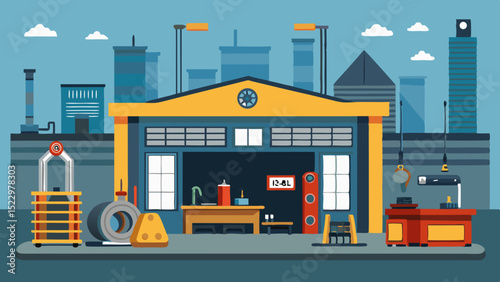 Modern Industrial Workshop Interior with Machines and Tools – Vector Factory Illustration