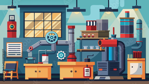Modern Industrial Workshop Interior with Machines and Tools – Vector Factory Illustration