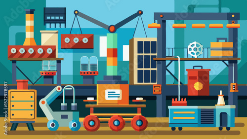 Modern Industrial Workshop Interior with Machines and Tools – Vector Factory Illustration