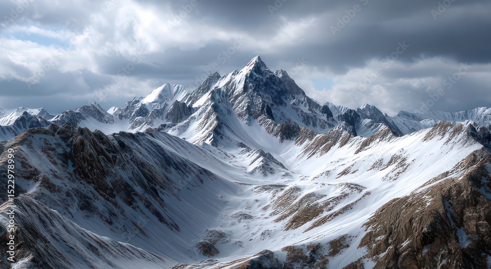 Obraz premium Majestic Snow-Capped Mountain Range Under Dramatic Skies
