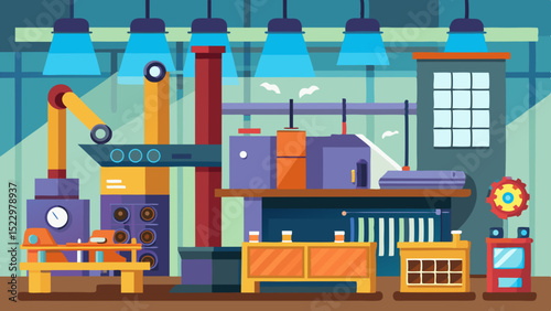 Modern Industrial Workshop Interior with Machines and Tools – Vector Factory Illustration