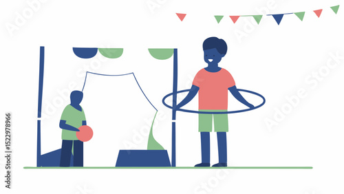 Joyful carnival atmosphere a young man playfully spinning a hula hoop with child throwing ball in a clean