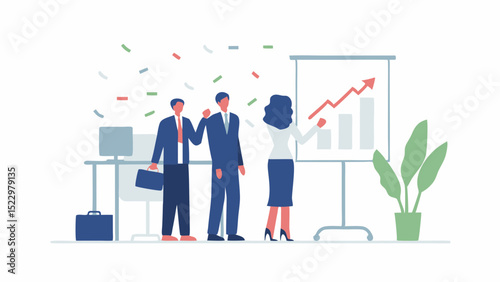 Business professionals celebrating a successful quarter as the chart soars upward with confetti and a clean