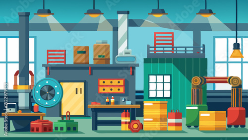 Modern Industrial Workshop Interior with Machines and Tools – Vector Factory Illustration