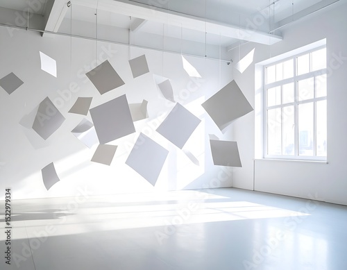 Floating papers in a bright room