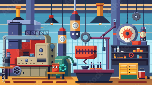 Modern Industrial Workshop Interior with Machines and Tools – Vector Factory Illustration