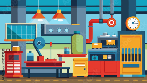Modern Industrial Workshop Interior with Machines and Tools – Vector Factory Illustration
