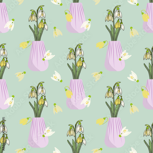 Floral pattern with snowdrops and vases