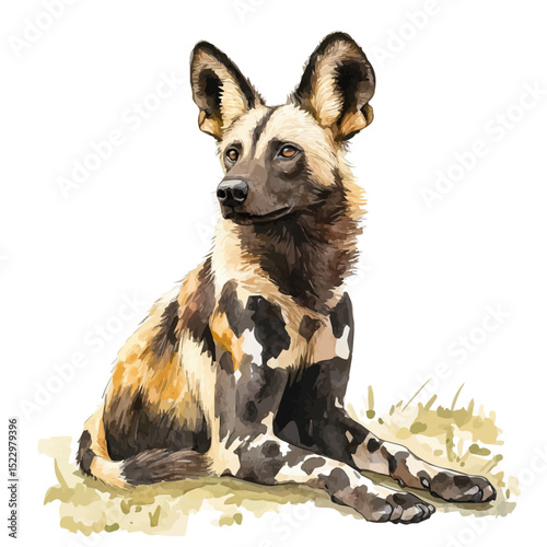African Wild Dog, watercolor vector, high quality, isolated on a white background.