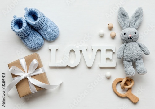 A giftwrapped present and soft blue booties lie near a plush bunny and the word love, isolated on white background