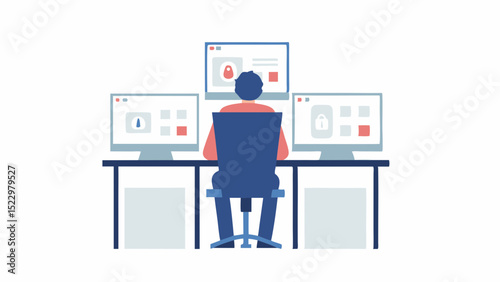 Securing digital frontiers a lone cybersecurity analyst at work focused three monitors displaying threat data