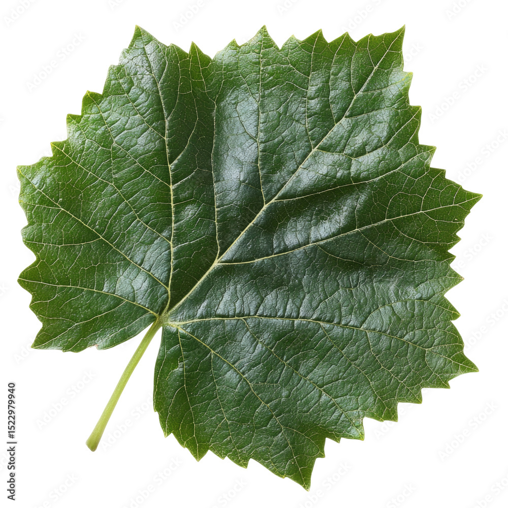 Fototapeta premium Fresh green grape leaf with detailed texture on a transparent background, cutout PNG