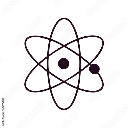 Atom icon with electron orbits and central nucleus in dark outline