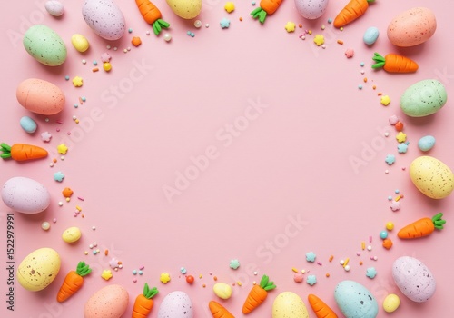 Pastel easter eggs and carrots form a whimsical frame against a soft pink background