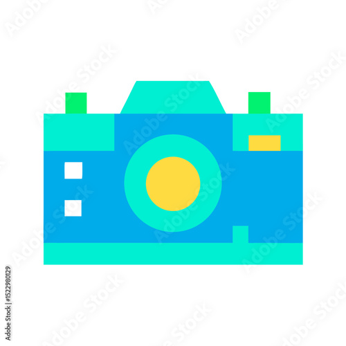 Blue and yellow compact camera icon flat style