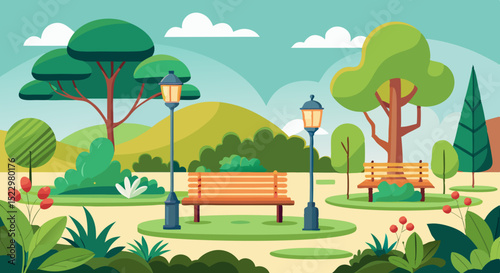 Scenic Public Park with Trees, Bench, and Flowers – Vector Nature Illustratio