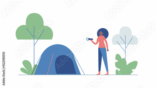 An adventurer starts the camping journey holding a flashlight at a tranquil campsite near tall trees with a