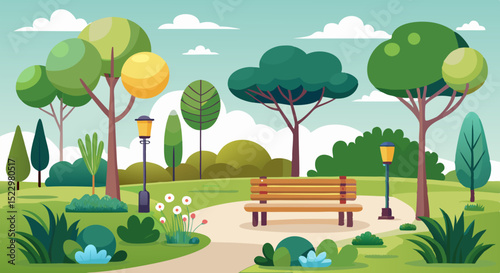 Scenic Public Park with Trees, Bench, and Flowers – Vector Nature Illustratio