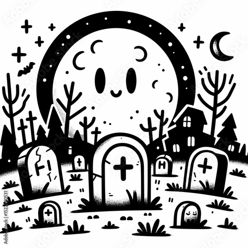 Spooky cartoon graveyard with smiling moon