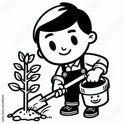 Cartoon boy planting tree