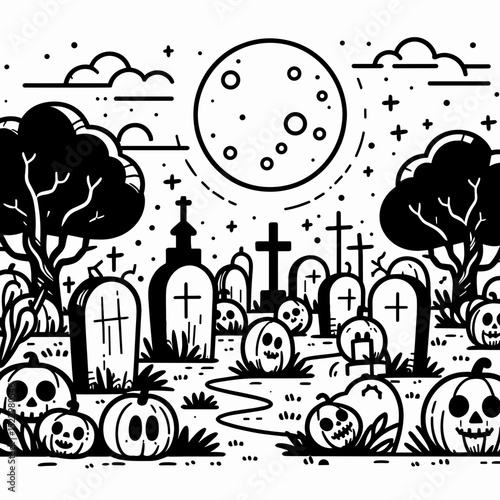 Spooky graveyard scene under full moon 