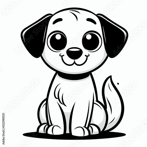 Cute dog sitting black and white illustration