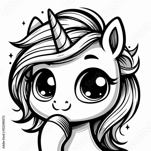 Cute unicorn face in black and white