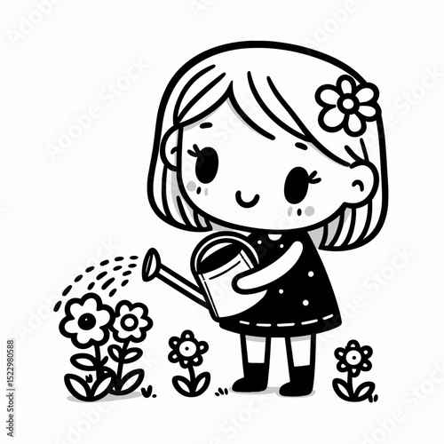Little girl watering flowers 