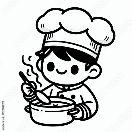 Chef cooking soup in pot black and white illustration