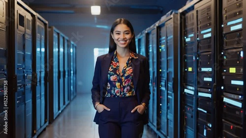 A professional woman walking confidently through a modern data center, smiling towards the viewer
