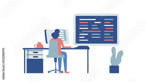 A focused developer immersed in coding turning complex ideas into digital reality from home with flat vector