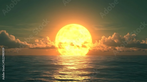 Large golden sun setting over a calm ocean.