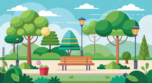 Scenic Public Park with Trees, Bench, and Flowers – Vector Nature Illustratio