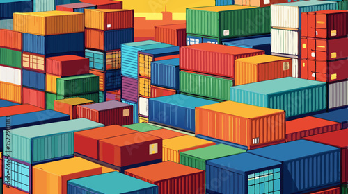 Colorful Shipping Containers Stacked at Port During Sunset – Logistic and Cargo Concept