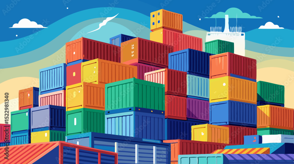 Fototapeta premium Colorful Shipping Containers Stacked at Port During Sunset – Logistic and Cargo Concept